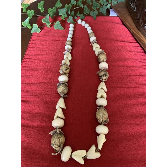 Vintage 1970's-1980's Miriam Haskell Earth Tone Stone Glass Bead Shell Necklace - Picture 13 of 15